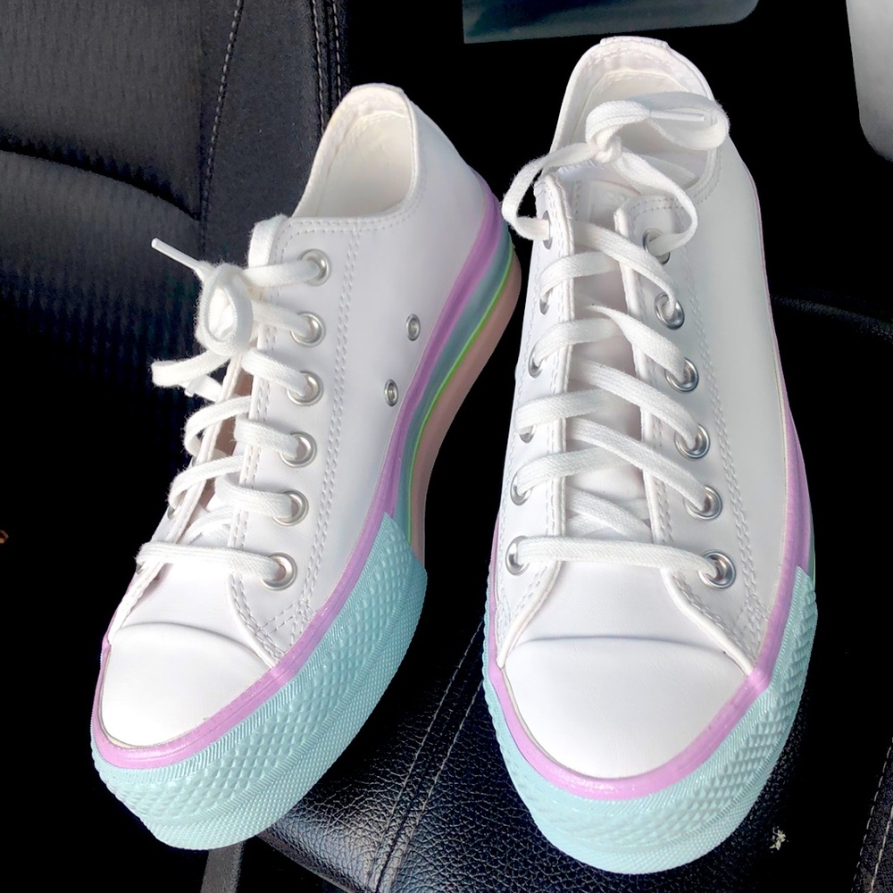Converse CTAS Lift Ox Platform Shoes Pastel Glitter Rainbow White Womans US 7